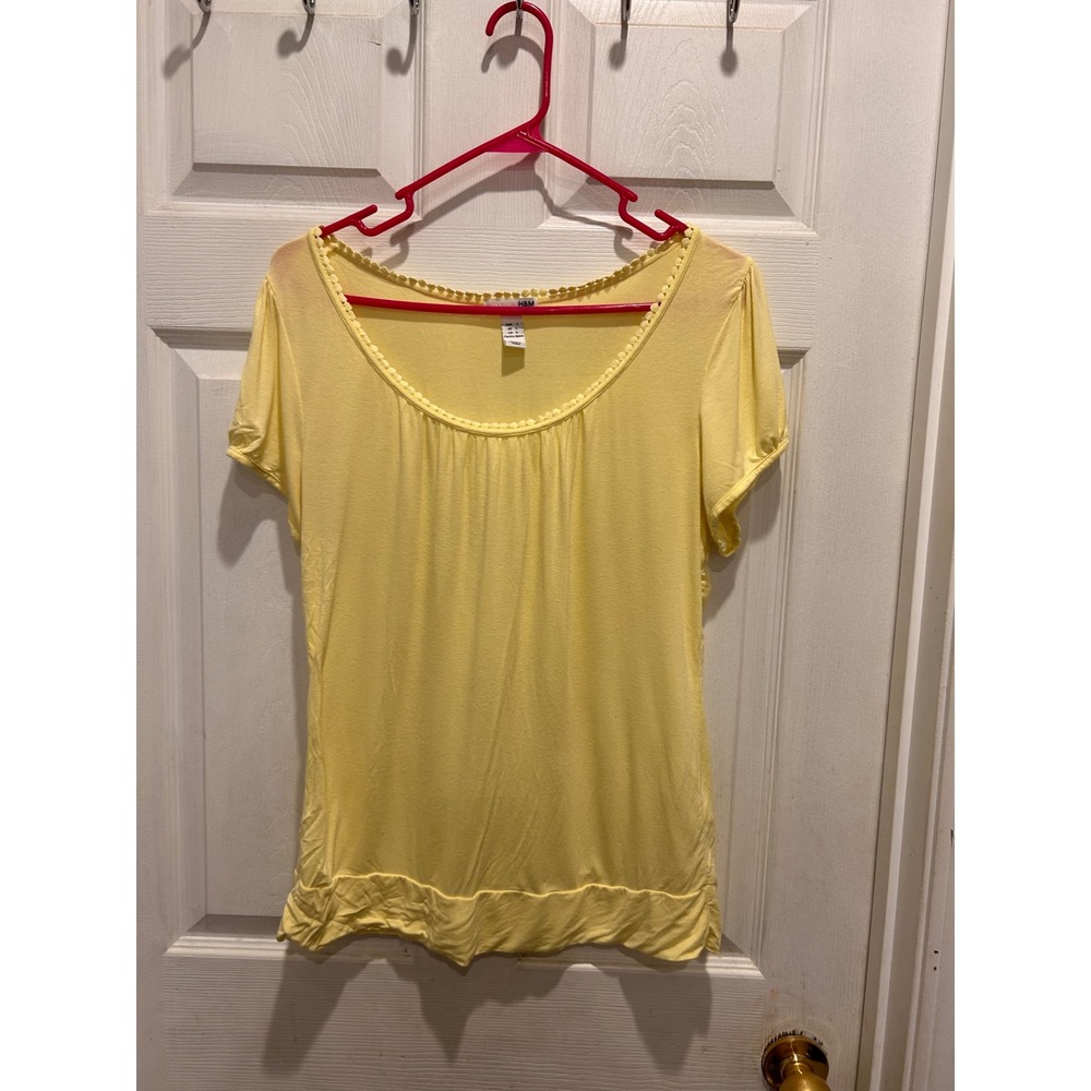 H&M Yellow Scoop Neck Short Sleeve Top Pom Pom Trim Gathered Bust Large